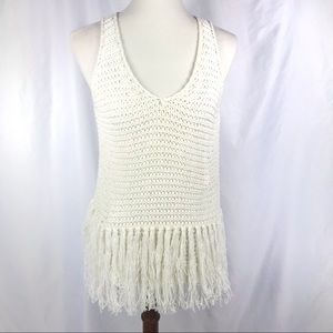 DKNY Crochet Tank Top V-neck Fringe Hem Ivory NWT